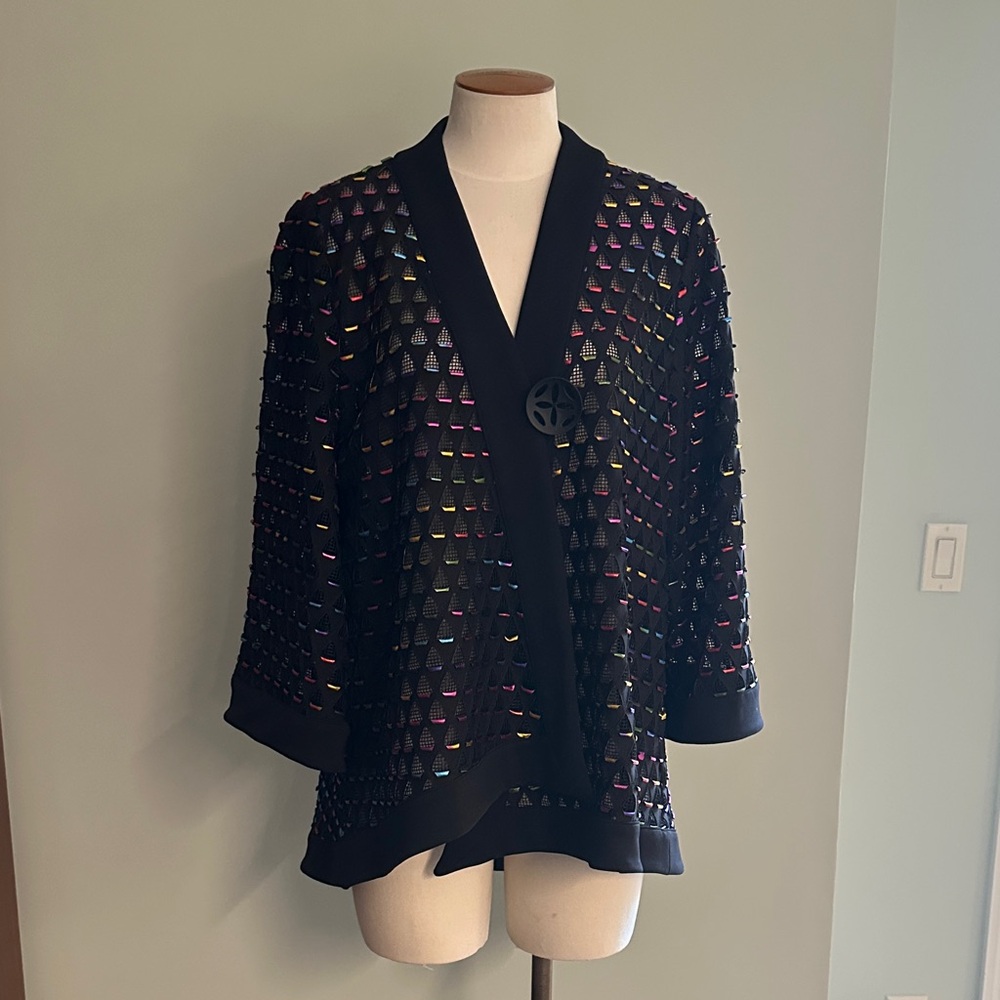 NWOT IC Collection by Connie K Black Multi Color Rainbow Asymmetric Blazer Sz L